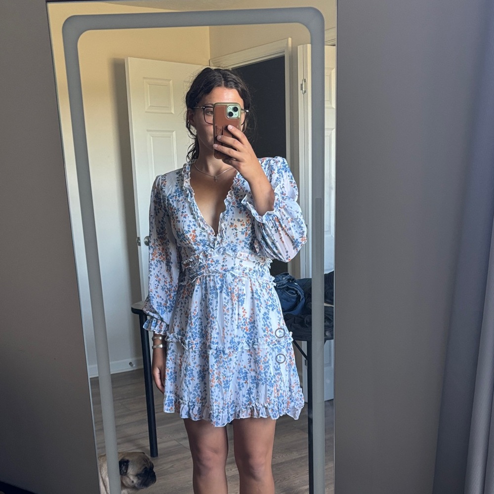 Elegant Blue Floral Long Sleeve Dress